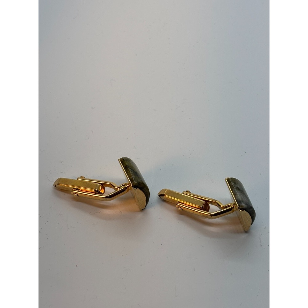 Cuff Links‎ Gold Tone Mid Century Vintage Green Agate - Picture 5 of 5